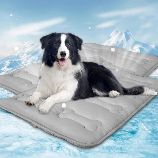 #Summervibes 2Pcs Dog Cooling Mat for Large Dogs or Cats, Thickened Durable Non-Toxic Non-Slip Quiled Long-Lasting Cool Summer Pet Pad with Cute Bone Stitching, Portable Lightweight Washable Indoor Outdoor Cold Kennel Crate Bed, Grey