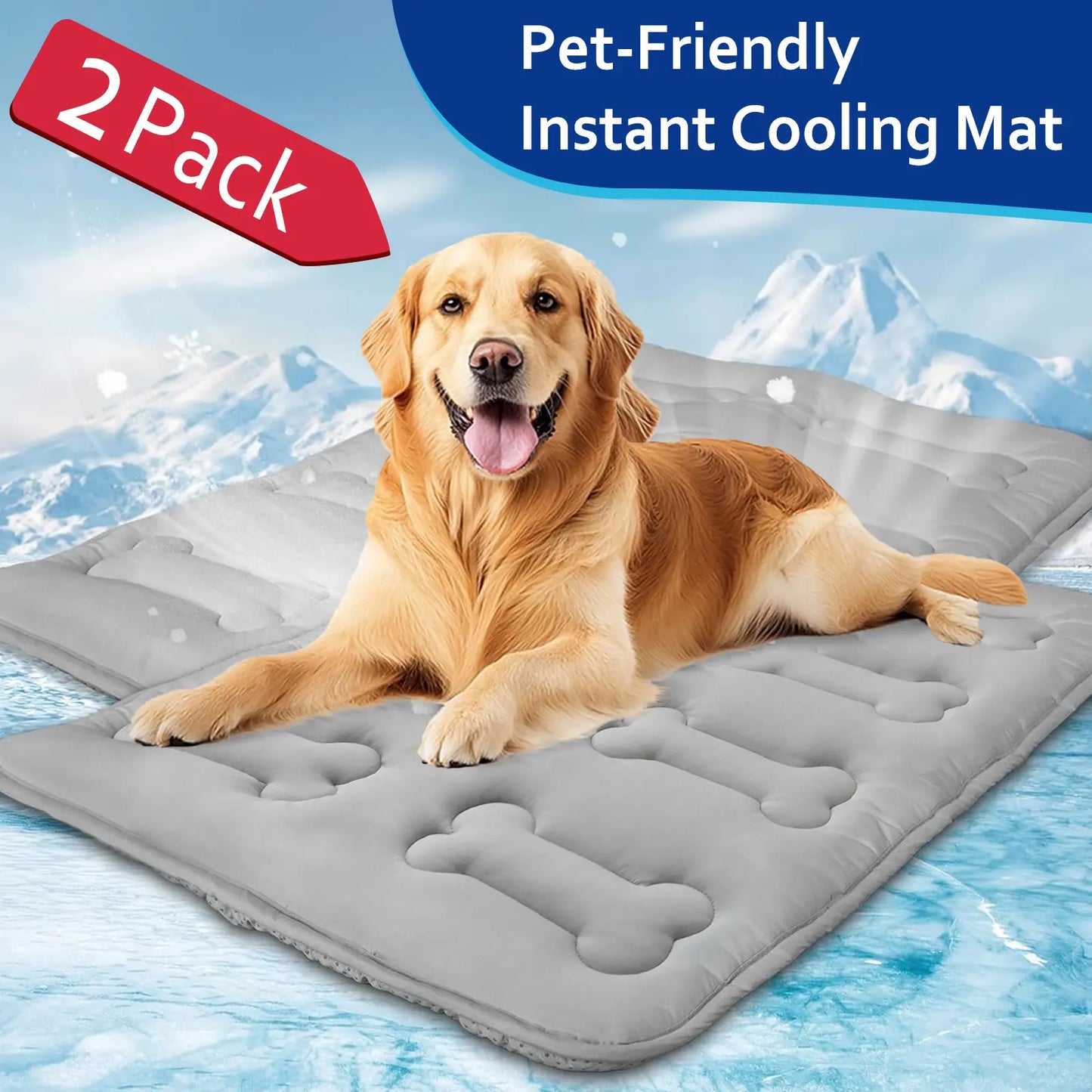 #Summervibes 2Pcs Dog Cooling Mat for Large Dogs or Cats, Thickened Durable Non-Toxic Non-Slip Quiled Long-Lasting Cool Summer Pet Pad with Cute Bone Stitching, Portable Lightweight Washable Indoor Outdoor Cold Kennel Crate Bed, Grey