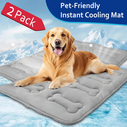 #Summervibes 2Pcs Dog Cooling Mat for Large Dogs or Cats, Thickened Durable Non-Toxic Non-Slip Quiled Long-Lasting Cool Summer Pet Pad with Cute Bone Stitching, Portable Lightweight Washable Indoor Outdoor Cold Kennel Crate Bed, Grey