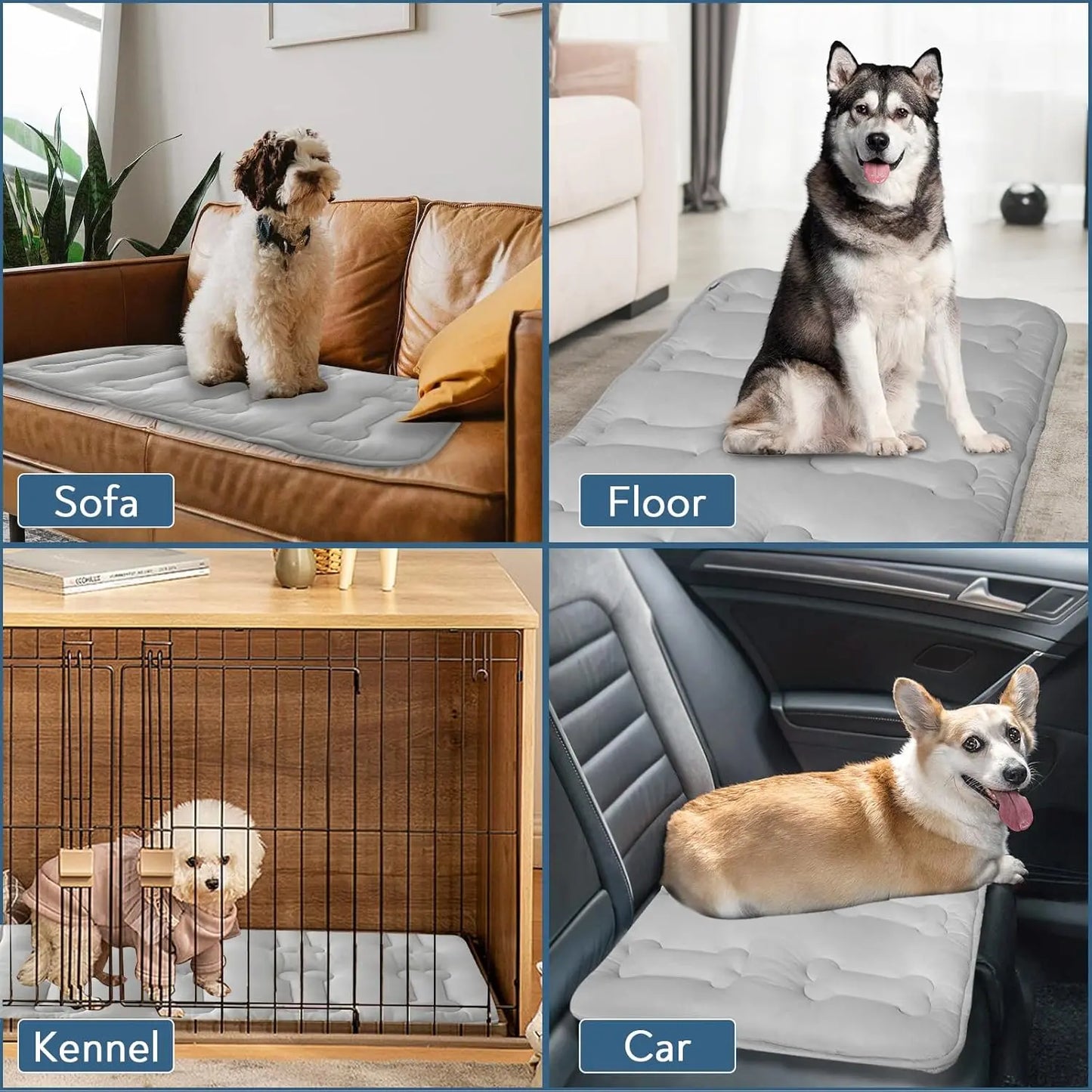 #Summervibes 2Pcs Dog Cooling Mat for Large Dogs or Cats, Thickened Durable Non-Toxic Non-Slip Quiled Long-Lasting Cool Summer Pet Pad with Cute Bone Stitching, Portable Lightweight Washable Indoor Outdoor Cold Kennel Crate Bed, Grey