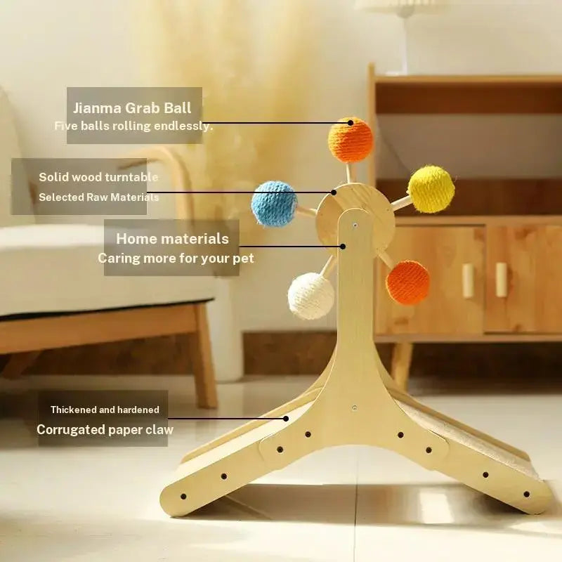Interactive Cat Ferris Wheel Toy | Wooden Sisal Scratcher with Rolling Ball Track | Indoor Cat Boredom Buster & Furniture Protector