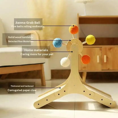 Interactive Cat Ferris Wheel Toy | Wooden Sisal Scratcher with Rolling Ball Track | Indoor Cat Boredom Buster & Furniture Protector