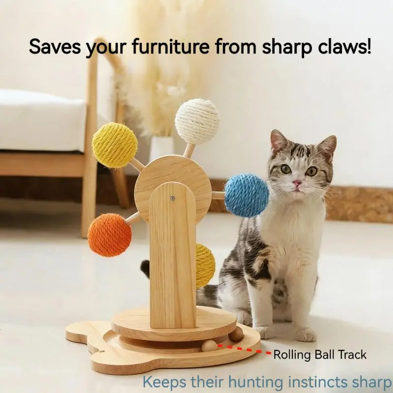 Interactive Cat Ferris Wheel Toy | Wooden Sisal Scratcher with Rolling Ball Track | Indoor Cat Boredom Buster & Furniture Protector