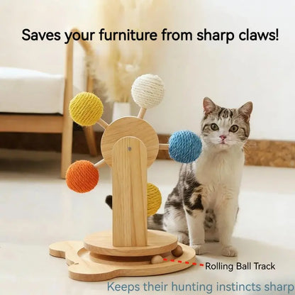 Interactive Cat Ferris Wheel Toy | Wooden Sisal Scratcher with Rolling Ball Track | Indoor Cat Boredom Buster & Furniture Protector