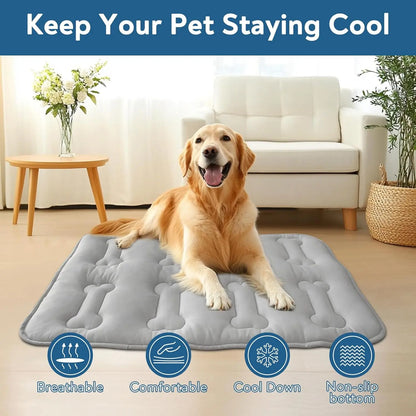 #Summervibes 2Pcs Dog Cooling Mat for Large Dogs or Cats, Thickened Durable Non-Toxic Non-Slip Quiled Long-Lasting Cool Summer Pet Pad with Cute Bone Stitching, Portable Lightweight Washable Indoor Outdoor Cold Kennel Crate Bed, Grey