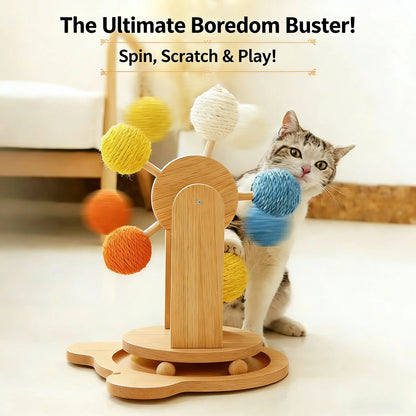 Interactive Cat Ferris Wheel Toy | Wooden Sisal Scratcher with Rolling Ball Track | Indoor Cat Boredom Buster & Furniture Protector