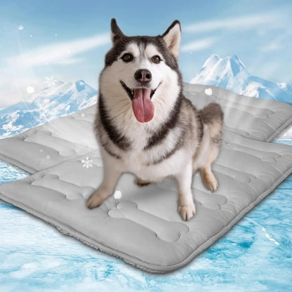 #Summervibes 2Pcs Dog Cooling Mat for Large Dogs or Cats, Thickened Durable Non-Toxic Non-Slip Quiled Long-Lasting Cool Summer Pet Pad with Cute Bone Stitching, Portable Lightweight Washable Indoor Outdoor Cold Kennel Crate Bed, Grey